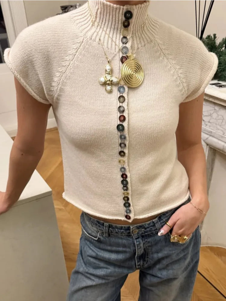 Women Turtleneck Knit Vest Colorful Button Sleeveless Sweater Top Y2K Cropped Knitwear Short Sleeve Cardigan Casual