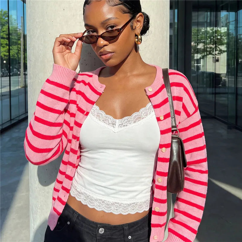 Womens Striped Knit Cardigan Round Neck Button Front Long Sleeve Loose Fit Casual Sweater Winter Fall Knit Outerwear