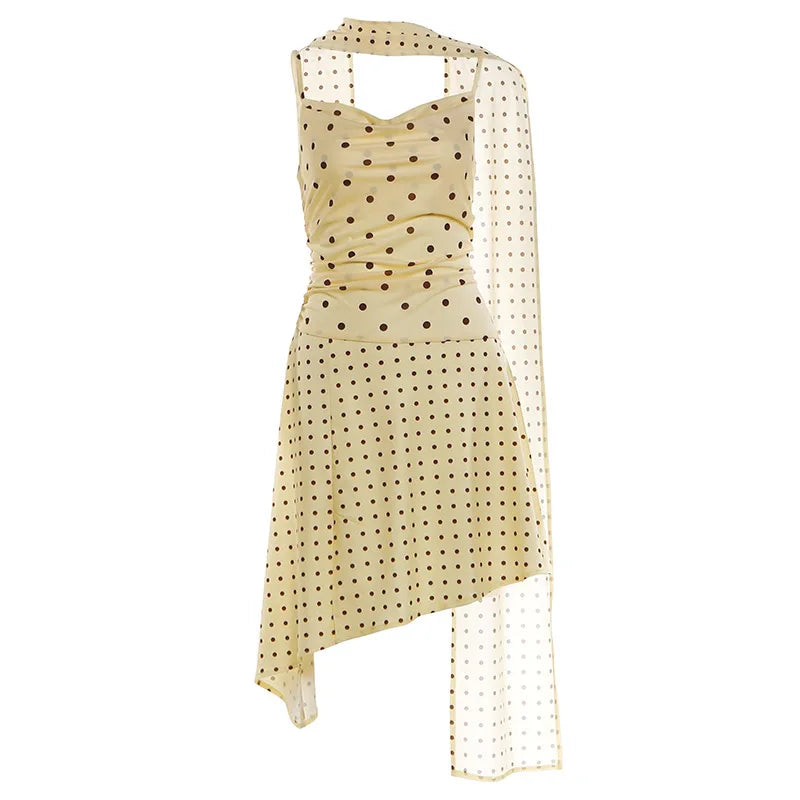 Yellow Polka Dot Summer Dresses Women's Casual Asymmetrical Sleeveless Mini Dress with Scarf
