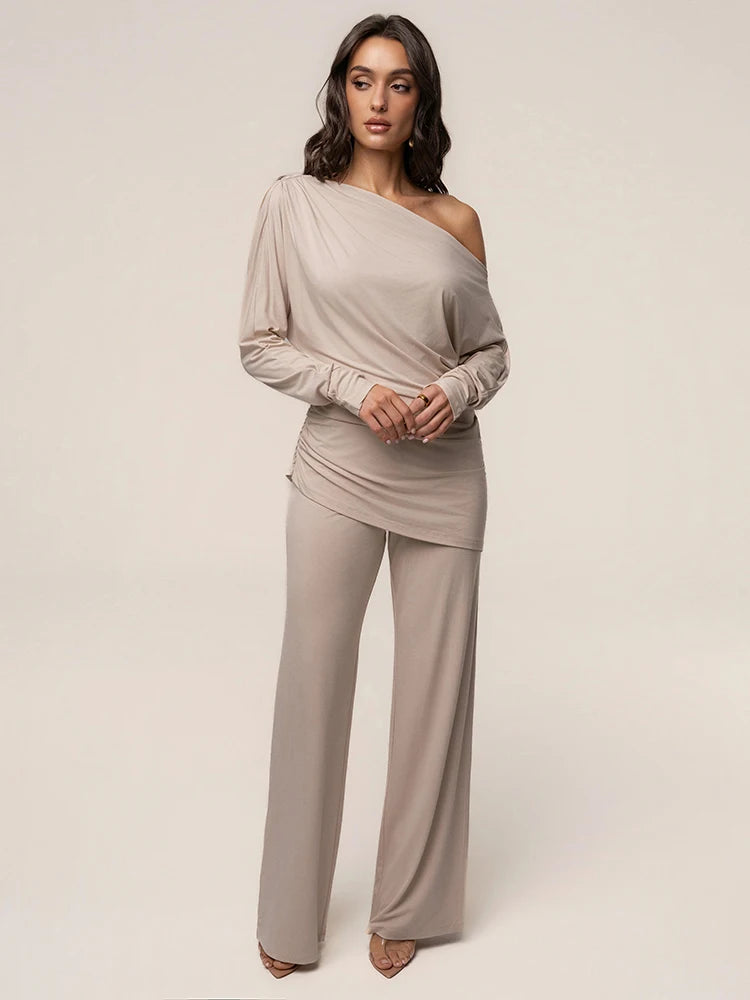 Leisure Elegant 2 Piece Set Women Trend Simple Skew Collar Full Sleeve T-Shirt+Patchwork Ruched Wide-Leg Pant Street Suit