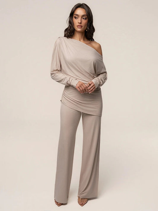 Leisure Elegant 2 Piece Set Women Trend Simple Skew Collar Full Sleeve T-Shirt+Patchwork Ruched Wide-Leg Pant Street Suit