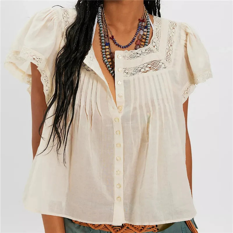 Women Boho Square Neck Lace Blouse Puff Short Sleeve Button Front Pleated Loose Cropped Shirt Vintage Cottage Summer Top