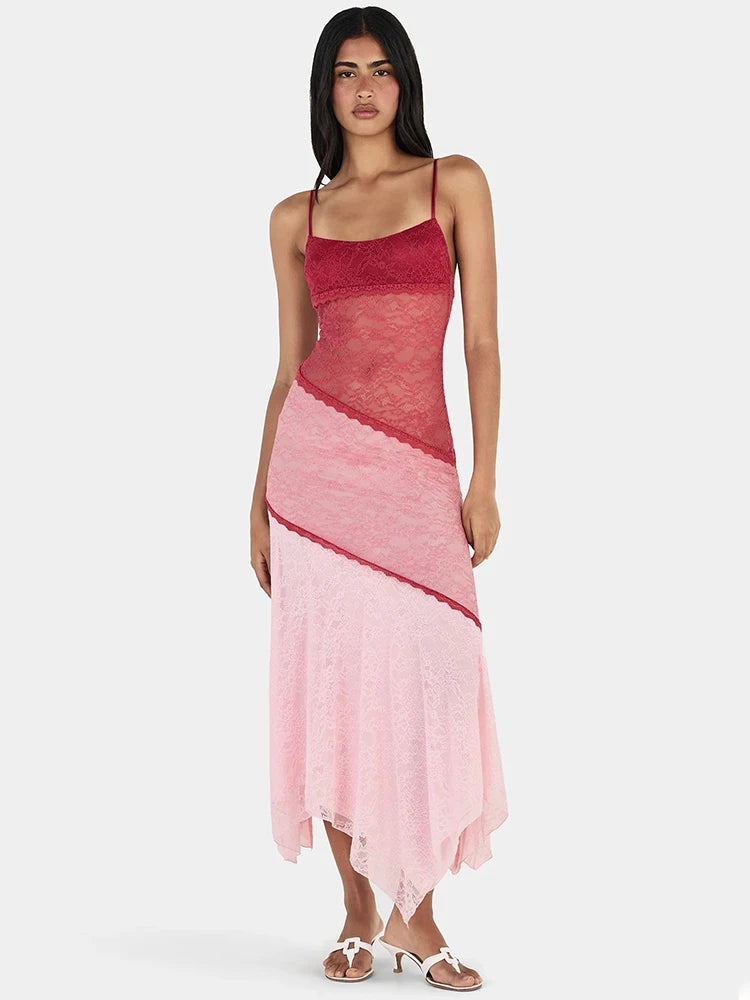 Women Color Block Lace Sexy Midi Dress Spaghetti Strap Sleeveless Asymmetrical Hanky Hem Party Beach Vacation Dresses