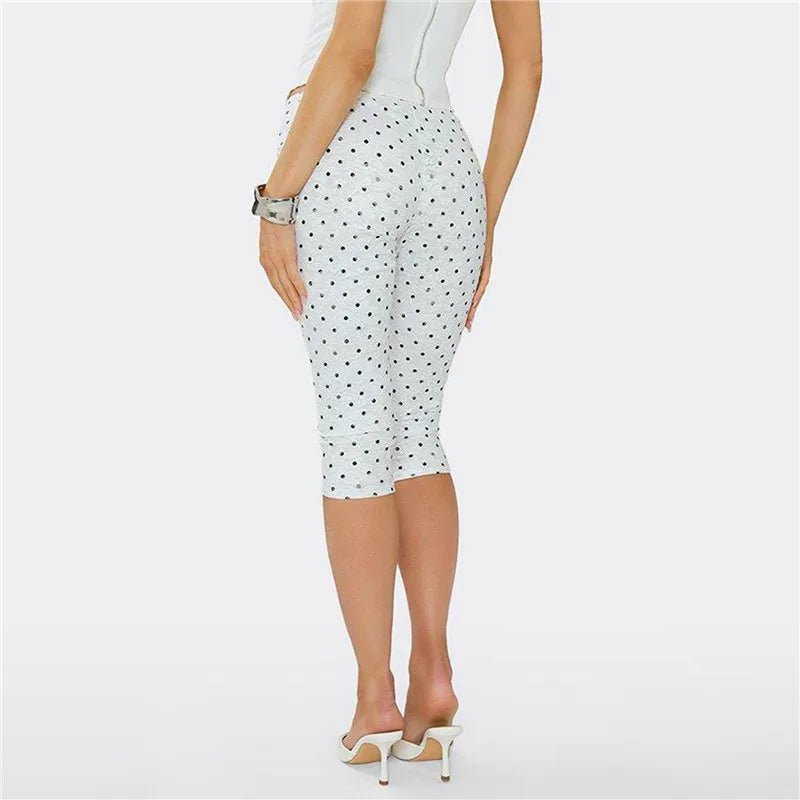 Y2K Retro Polka Dot Lace Capri Leggings Women High Stretch Slim Bodycon Knee Length Cropped Pants Cute Street Bottoms