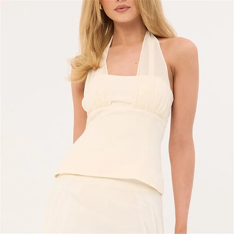 Y2K Women Halter Sleeveless Top Mesh Patchwork Ruched Bust Back Tie Slim Fit Camisole Summer Streetwear Party Clubwear