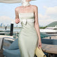 Bow Decoration Maxi Dress Women Low-Neck Patchwork Lace Satin Skinny Elegant Vacation Chic Dinner Party Vestidos