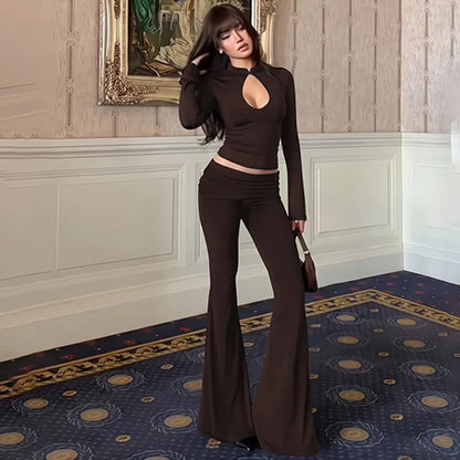 Black Two Piece Set Keyhole Cutout Long Sleeve Crop Top and High Waist Flare Pants Elegant Fall Outfits Woman