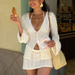 Sexy Knit Skirt Two Piece Sets Women Fashion Hollow Out V Neck Long Sleeve Cardigans And Mini Skirt Matching Sets