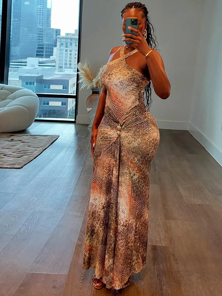 Sexy Halter Dress Women Snake Print Backless Metal Buckle Ruched Coquette Midnight Party Club Stretch Trend Bodycon