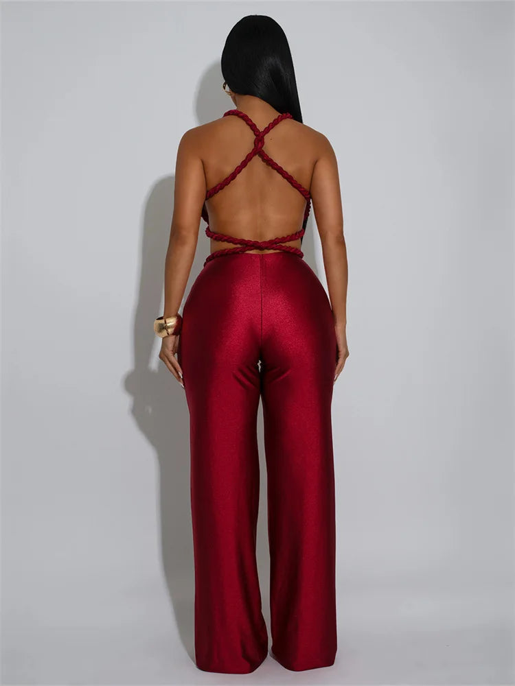 Hollow Jumpsuit Women Halter Chest Wrapped Waistless Backless Bandage Appliques Sexy Hottie High Street Hipster Overalls