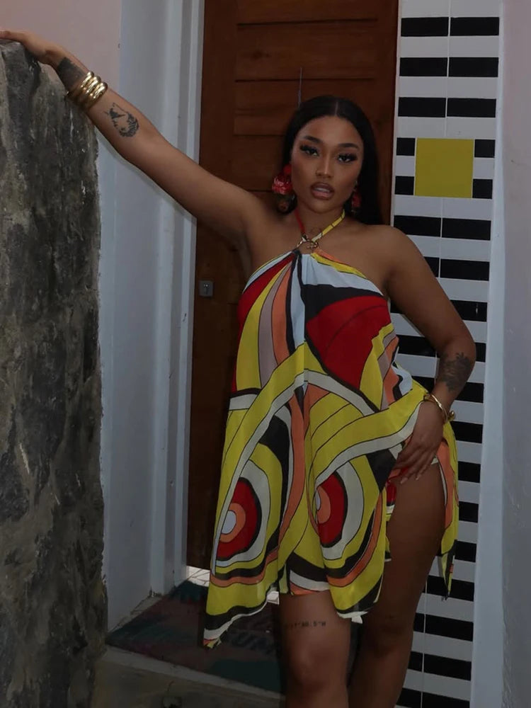 Colorful Patchwork Mini Dress Woman Metal Ring Halter Off Shoulder Backless Summer Beach Party Ruched Elegant Bodycon