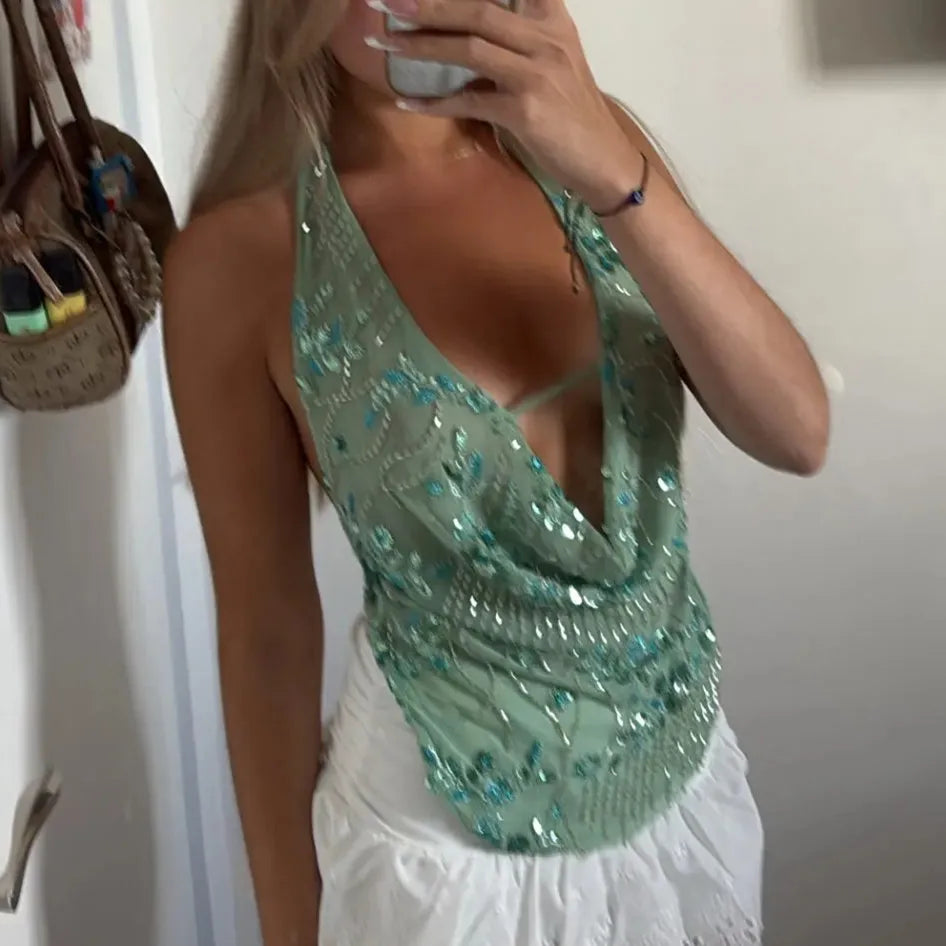 Sexy Glitter Sequin Tank Tops Women Y2K Fashion Deep V-neck Hollow Out Cropped Tops Tee Summer New Backless Beach Tops