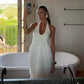 V Neck Backless Sleeveless Pleated Long Maxi Dress Sexy Mesh White Dresses for Woman Party Wedding