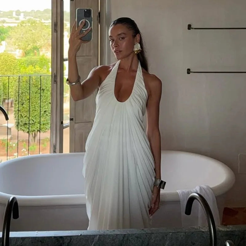 V Neck Backless Sleeveless Pleated Long Maxi Dress Sexy Mesh White Dresses for Woman Party Wedding