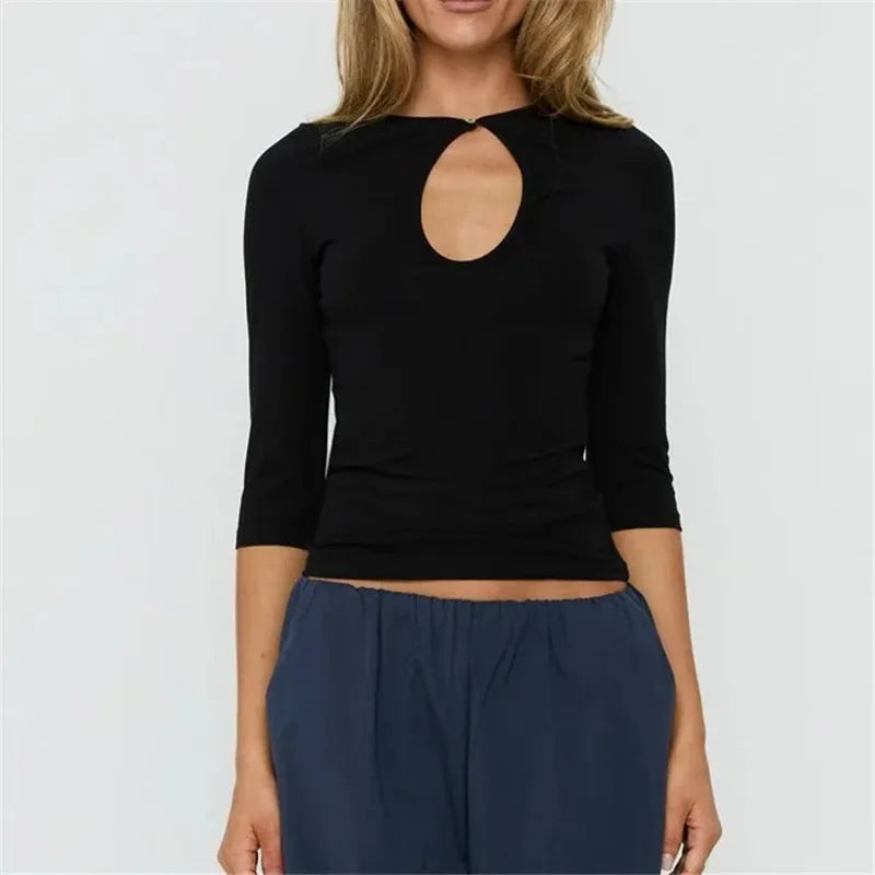 Women Keyhole Cutout Neck 3/4 Sleeve Crop Top Slim Fitted Solid Crew Neck Button Detail T Shirt Y2K Casual Streetwear