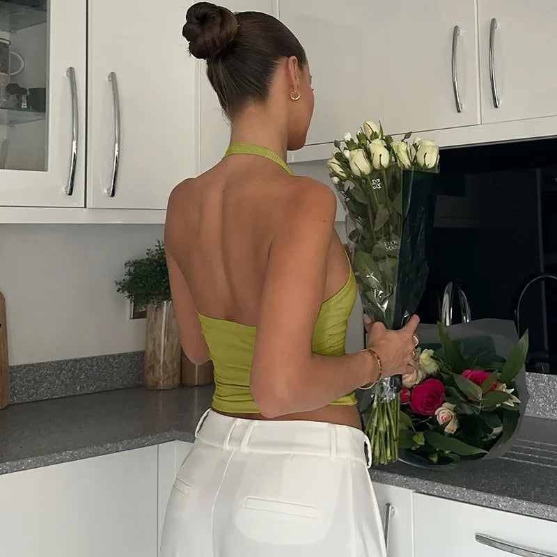 Solid Color Ribbed Knitted Tanks & Camis Low Cut Backless Halter Tops for Woman Basic Summer Crop Top