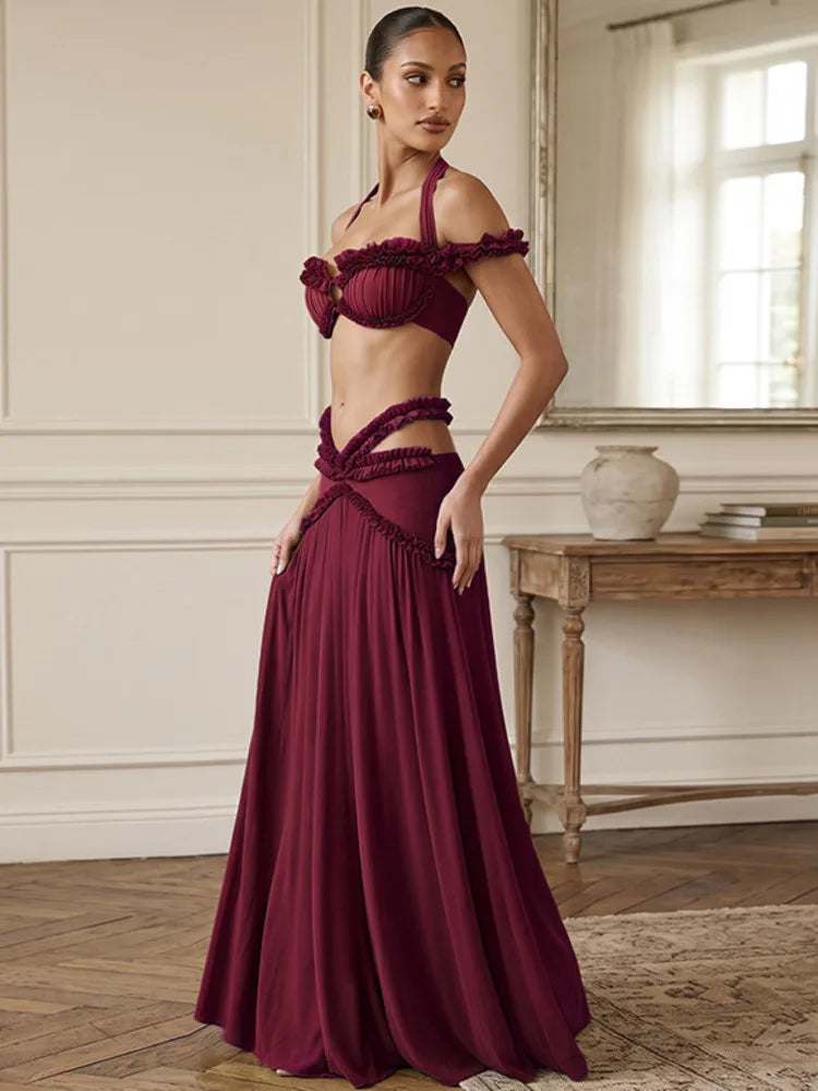 Women 2 Piece Maxi Skirt Set Halter Off Shoulder Ruffle Crop Top And Long Skirt Elegant Evening Party Matching Outfit