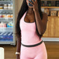 Hottie Line Patchwork 2 Piece Set Women Trend Backless Halter Low-Neck Sleeveless Tank Top+Bike Short Street Suits