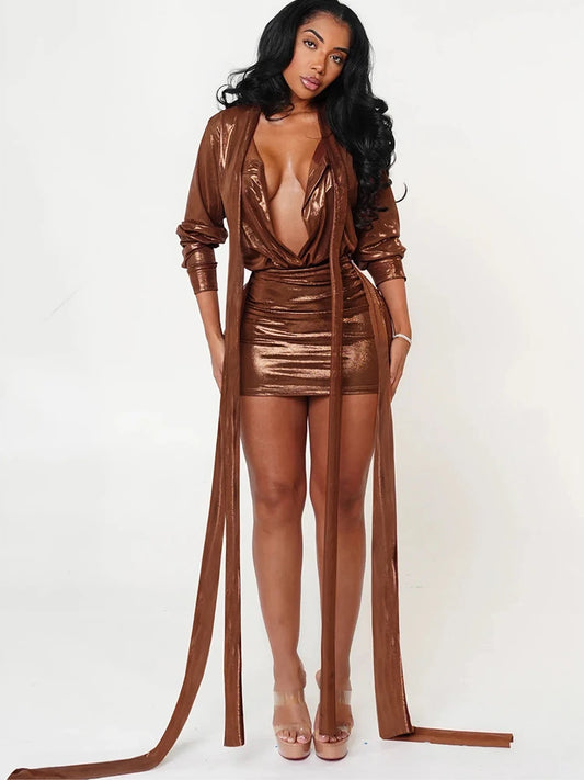 Silky Thin 2 Piece Set Women Y2K Sexy Bandage Deep v-Neck Crop Tops+Peach Hip Skirts Matching Midnight Club Outfits