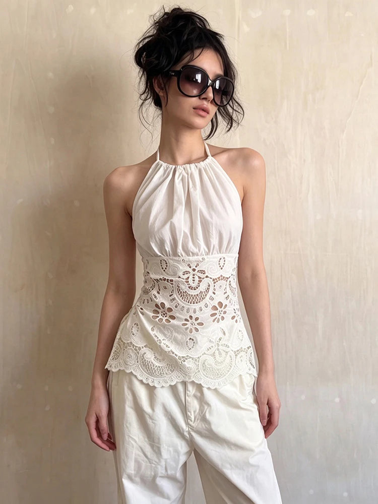 Sexy Hottie Backless Tank Top Women Trend Jacquard Patchwork Halter Sleeveless Ruched Stretch Chic Street Club Vest