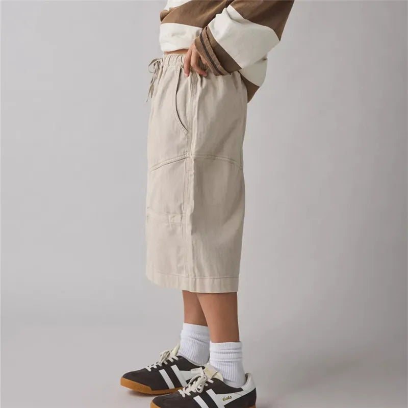 Cargo Bermuda Shorts Women Drawstring Elastic Waist Multi Pocket Loose Wide Leg Jort Y2K Street Casual Capri Bottoms