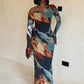 Colorful Print Dress Women Fashion Trend Skew Collar Puff Sleeve Stretch Elegant Vacation Party Club Long Bodycon