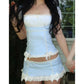 Women Kawaill Lolita Style 2 Piece Outfits Y2K Sweet Gingham Puff Short Sleeves Crop Tops Shirt + Lace Trim Mini Dress