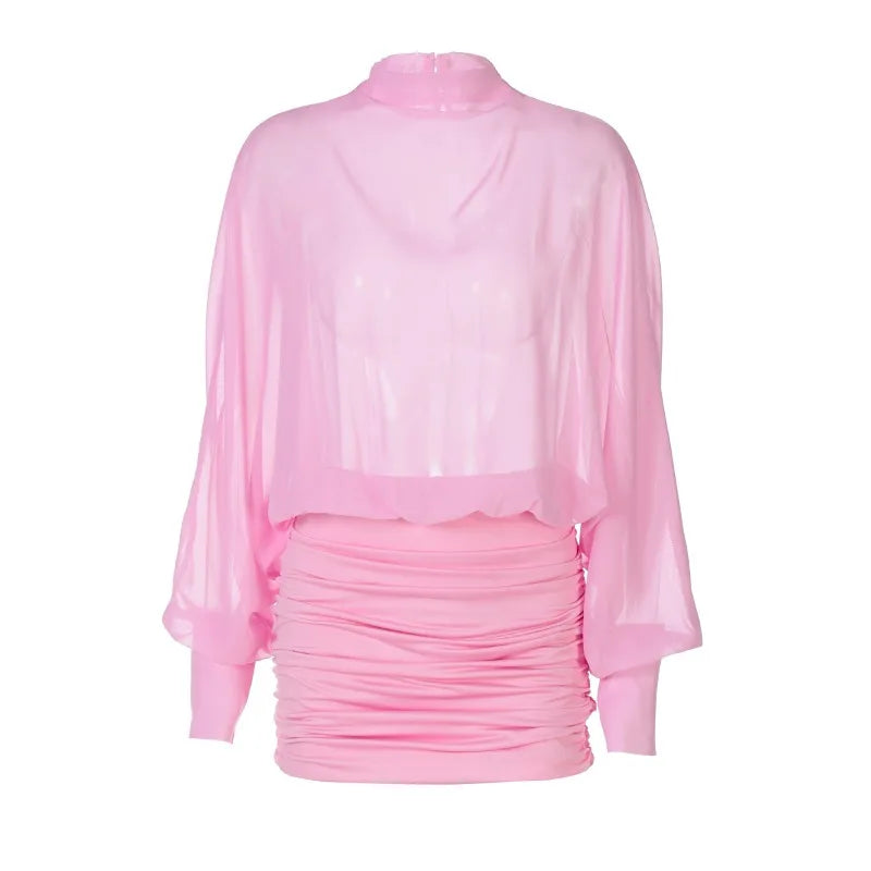 Transparent Chiffon Pink Mini Dress Sexy Outfits Women Clothes Hollow Open Back Long Sleeve Dresses Fall