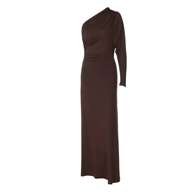 One Shoulder Long Sleeve Maxi Dress Brown Black Dresses Woman Elegant Fall Clothes 2025