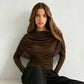 Elegant Draping Mesh Long Sleeve Tops for Woman Clothing Casual Solid Color Fitted T Shirts Fall 2026