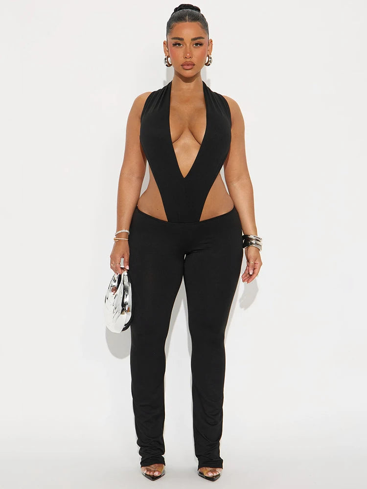 Hipster 2 Piece Set Women Sexy Deep V-Neck Hollow Bandage Bodysuit+Flare Pants Summer Midnight Matching Clubwear Suit