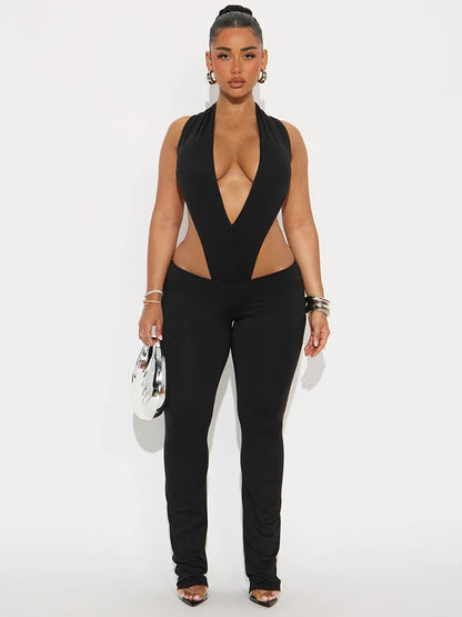 Hipster 2 Piece Set Women Sexy Deep V-Neck Hollow Bandage Bodysuit+Flare Pants Summer Midnight Matching Clubwear Suit