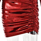 Metallic Red Silver Irregular Ruched Bodycon Dress Women Long Sleeve Short Dresses Fall Winter Club Outfits
