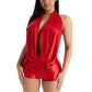 Women Satin Halter Deep V Neck Romper Solid Color Backless Tie Back Bodycon Short Jumpsuit Sexy Party Clubwear Night Out