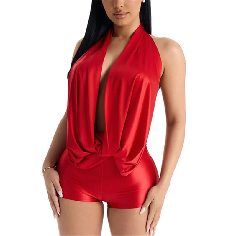 Women Satin Halter Deep V Neck Romper Solid Color Backless Tie Back Bodycon Short Jumpsuit Sexy Party Clubwear Night Out