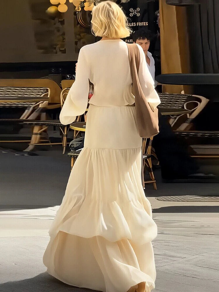Elegant Sexy Two Piece Set Women V Neck Long Sleeve T-shirt Maxi Skirt Matching Set Female Loose Pleated Club Dress Set