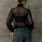 Mesh Patchwork T-Shirts Woman Bow Decoration Zip Stand Collar Full Sleeve Hot Girls High Street Fashion Style Tees