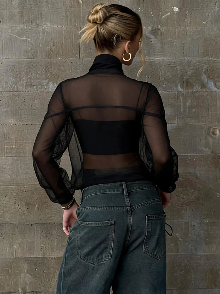 Mesh Patchwork T-Shirts Woman Bow Decoration Zip Stand Collar Full Sleeve Hot Girls High Street Fashion Style Tees