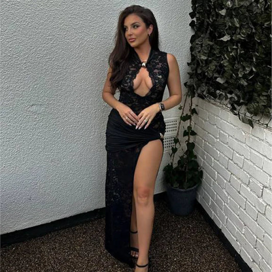 See Through Lace Sexy Black Dresses Women Hollow Out Sleeveless High Split Long Dress Party Club Outfits