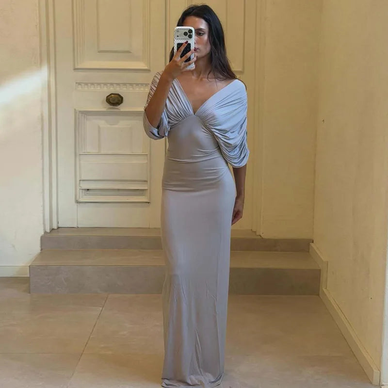 V Neck Off Shoulder Backless Maxi Dresses Elegant Evening Party Dress Woman Clothing