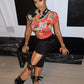 Floral Print Lace-Up Hollow Stand Collar Short Sleeve T-Shirts+Skinny Wrap Hip Crop Pants Woman Sexy Fashion Suits