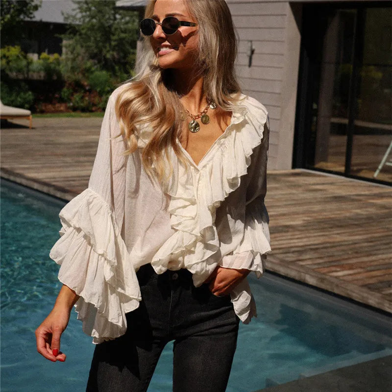 Elegant Women Ruffle Sheer Blouse Casual Loose V Neck Long Sleeve Shirts for Spring Summer Vintage Streetwear