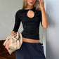 Women Keyhole Cutout Neck 3/4 Sleeve Crop Top Slim Fitted Solid Crew Neck Button Detail T Shirt Y2K Casual Streetwear