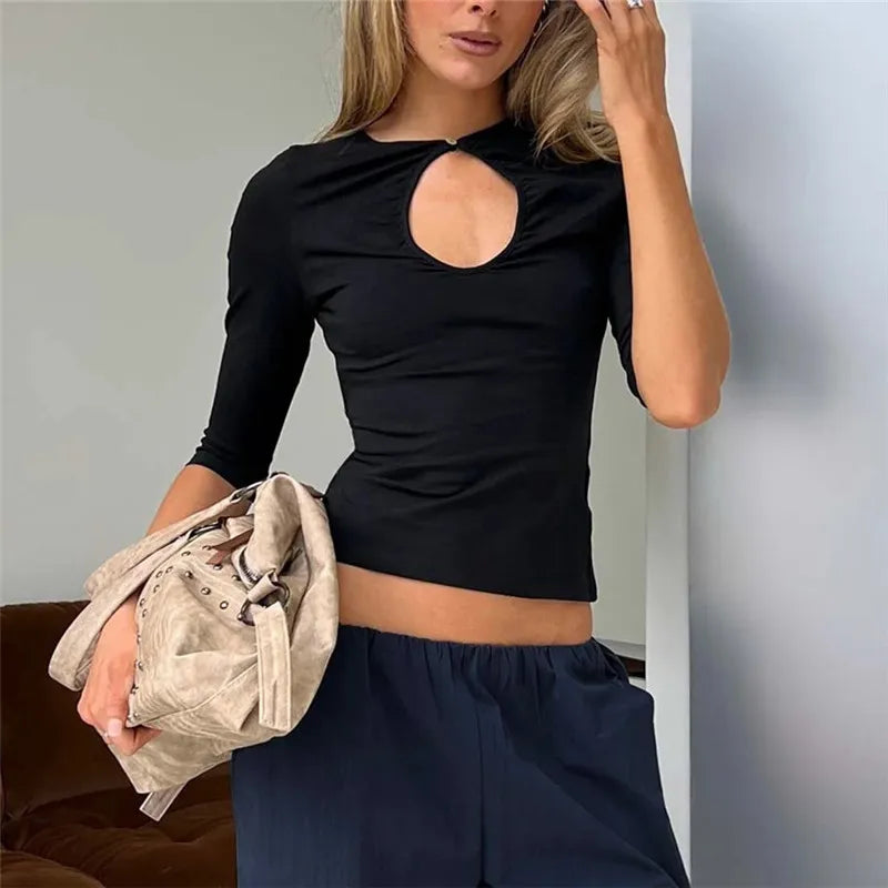 Women Keyhole Cutout Neck 3/4 Sleeve Crop Top Slim Fitted Solid Crew Neck Button Detail T Shirt Y2K Casual Streetwear