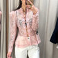 Vintage Sheer Floral Lace Shirt Women Stand Collar Chinese Knot Buttons Puff Sleeve Peplum Slim Fit Casual Street Blouse