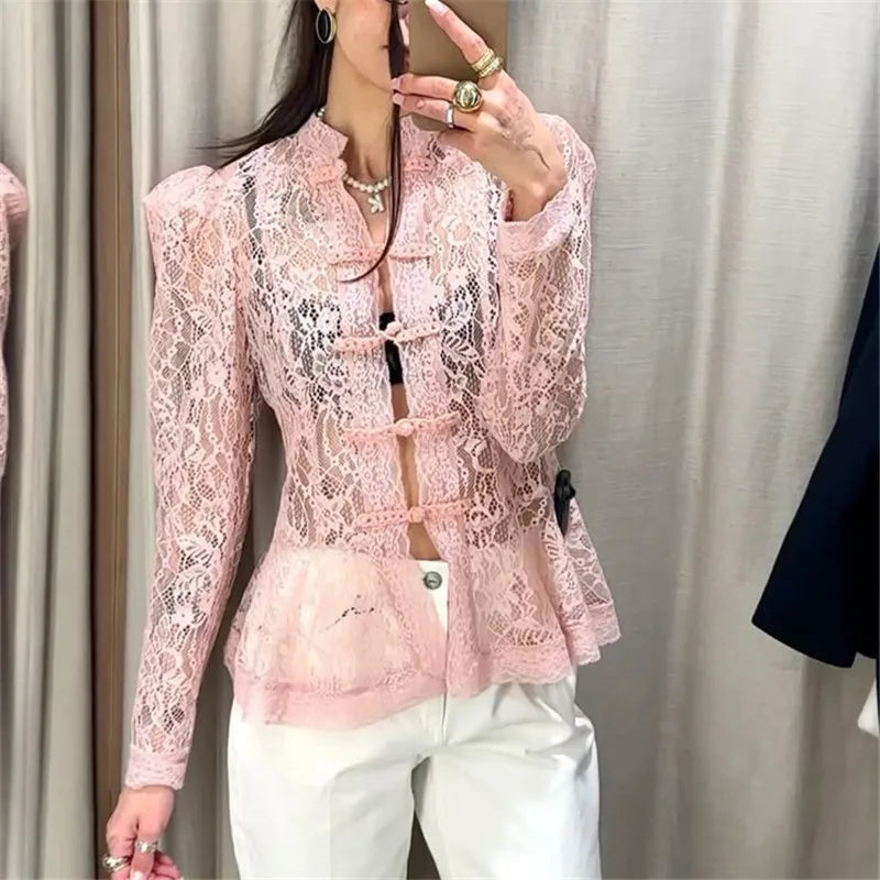 Vintage Sheer Floral Lace Shirt Women Stand Collar Chinese Knot Buttons Puff Sleeve Peplum Slim Fit Casual Street Blouse