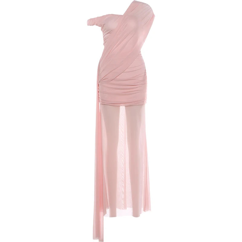 Irregular Collar Maxi Dress Women See Through Hem Folds Tassel  Skinny Birthday Party Summer Fashion Classic Vestidos