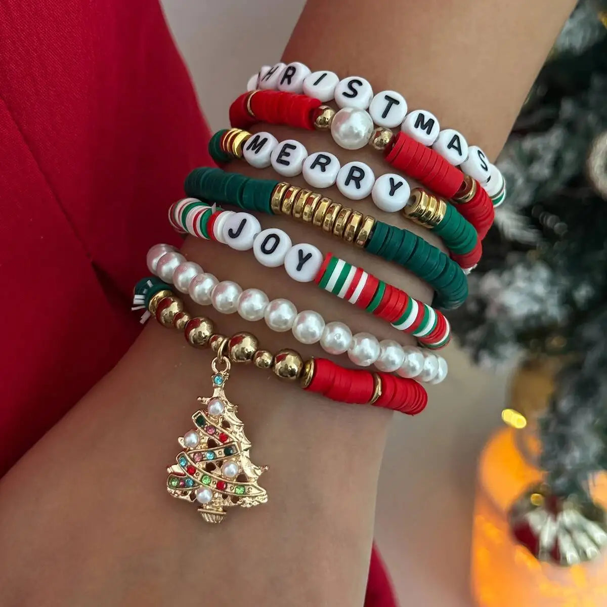 Christmas Tree Pendant Bracelet Set for Women, Colorful Rhinestones, Beaded Jewelry Gift, Merry Christmas, 7Pcs, 2026
