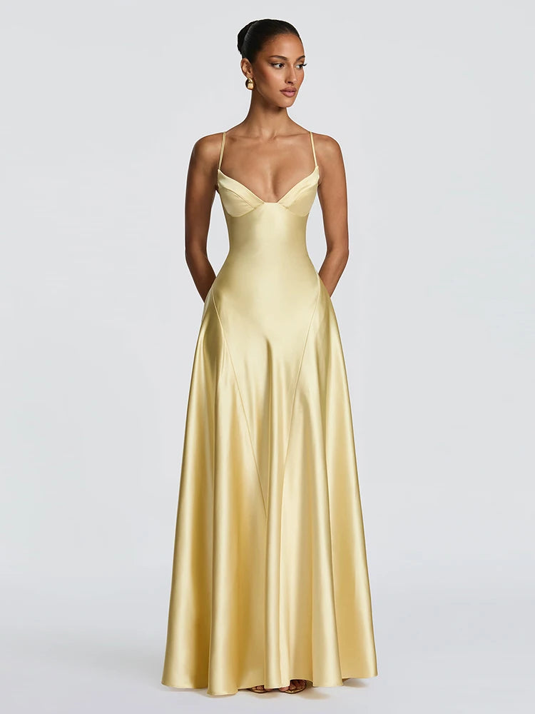 Folds Vacation Chic Satin Maxi Dress Women Low-Neck Sleeveless Skinny Elegant Birthday Party Summer New Trend Vestidos