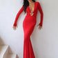 Hardwear Detail Deep V Neck Long Sleeve Maxi Dresses Red Black Party Dress Woman Elegant Fall 2025